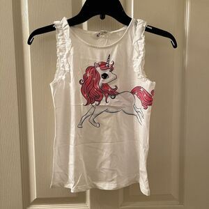 H&M Graphic Print Unicorn Glitter Tank Top Ruffle Details Girls Size 8-10 NWOT
